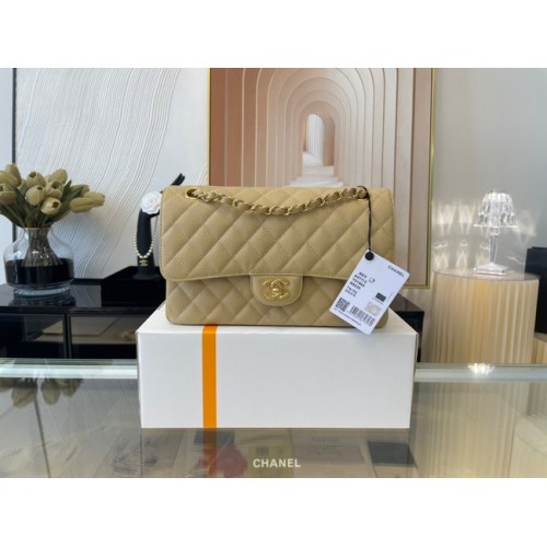 Chanel klassische Handtasche Genarbtes Kalbsleder & goldfarbenes Metall 01112 apricot