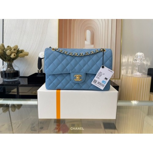 Chanel klassische Handtasche genarbtes Kalbsleder&goldenes Metall 01112 himmelblau