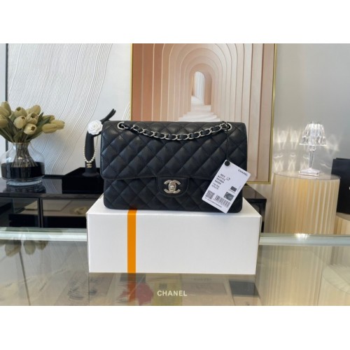 Chanel klassische Handtasche genarbtes Kalbsleder&silbernes Metall 01112 schwarz
