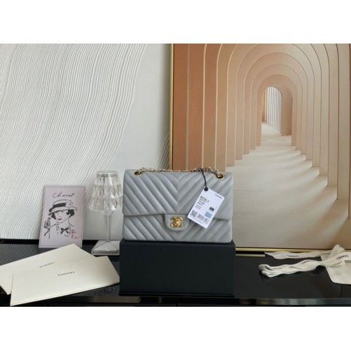 Chanel klassische Handtasche Lammleder gold Metall V01112 grau