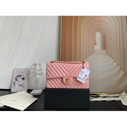 Chanel klassische Handtasche Lammleder gold Metall V01112 rosa