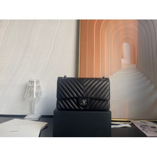 Chanel klassische Handtasche Lammleder silber Metall V01112 schwarz