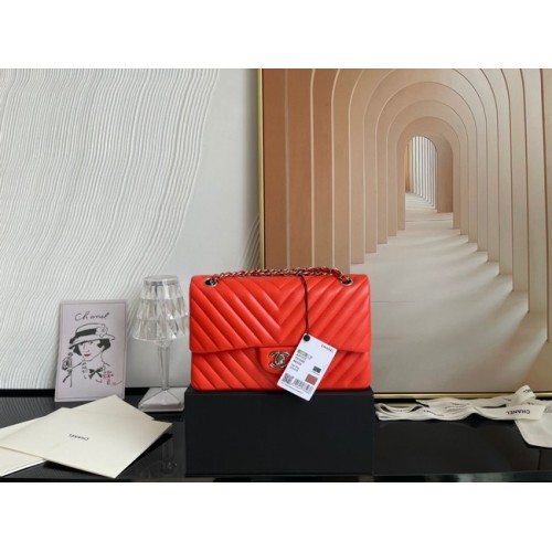 Chanel klassische Handtasche Lammleder silber Metall V01112 orange