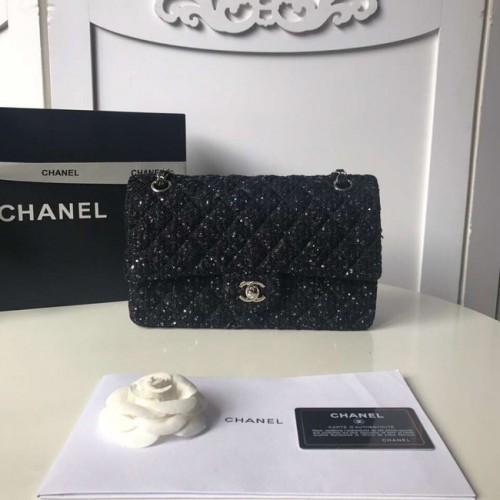 Chanel klassische Handtasche Tweed Braid Silberfarbenes Metall A01112-2