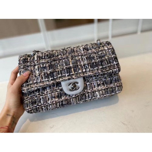 Chanel klassische Handtasche Tweed silberfarbenes Metall A01112-3