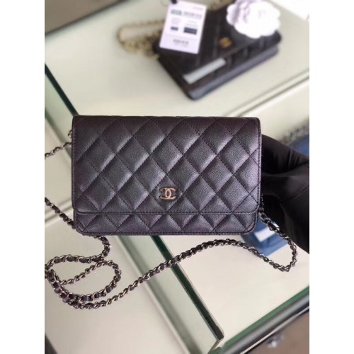 Chanel klassische Brieftasche an Kette Genarbtes Kalbsleder Silberfarbenes Metall 33814 Perlmuttschwarz