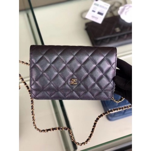 Chanel klassische Geldbörse an Kette Genarbtes Kalbsleder goldfarbenes Metall 33814 Perlmuttschwarz