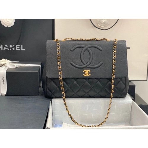 Chanel Überschlagtasche genarbtes Kalbsleder goldfarbenes Metall A92233 schwarz