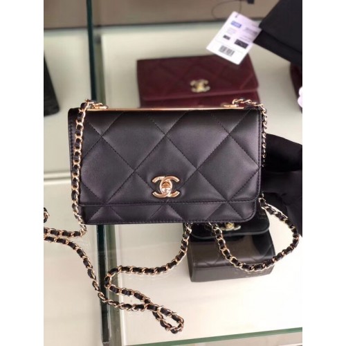 Chanel Überschlagtasche Lammleder Goldfarbenes Metall 3798 schwarz