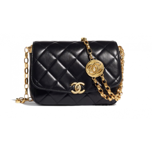 Chanel Überschlagtasche Lammleder Goldfarbenes Metall AS2222 schwarz