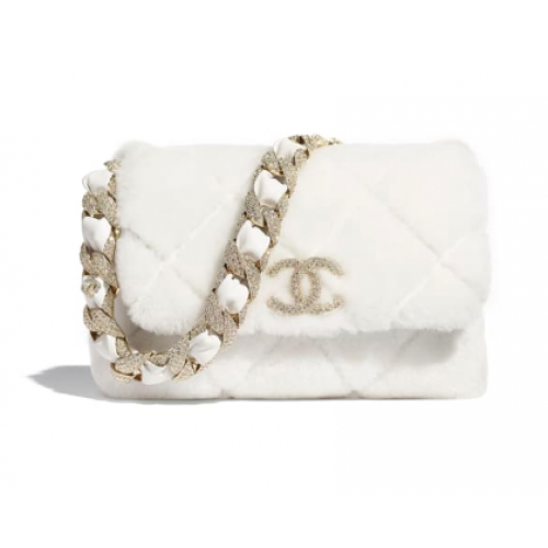 Chanel Überschlagtasche Shearling Lammleder Strass Goldfarbenes Metall AS2240 Weiß