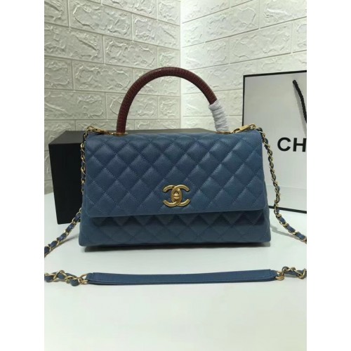 Chanel Klappentasche mit burgunderfarbenem Griff oben A92991 Blau