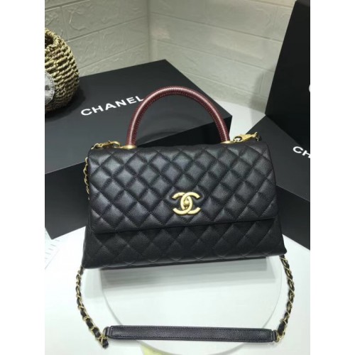 Chanel Klappentasche mit rotem Griff oben A92991 schwarz