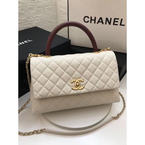 Chanel Klappentasche mit rotem Griff oben A92991 weiß
