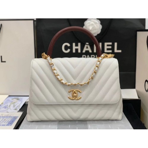 Chanel Klappentasche mit rotem Griff oben V92991 weiß