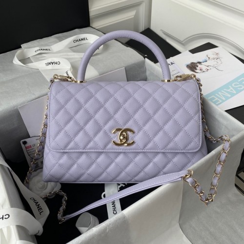 Chanel Klappentasche mit Griff oben Genarbtes Kalbsleder goldfarbenes Metall A92991 hellviolett