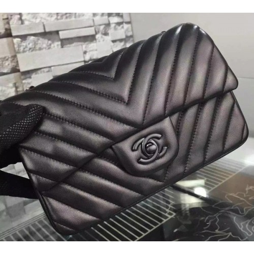 Chanel Mini Classic Flap Bag Schwarz Original Schaffell Chevron Leder CHA5500 Schwarz