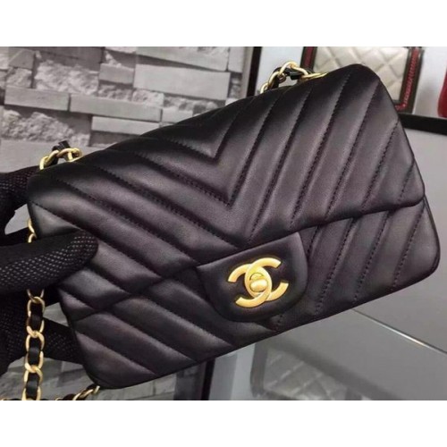 Chanel Mini Classic Flap Bag Schwarz Original Schaffell Chevron Leder CHA5500 Gold