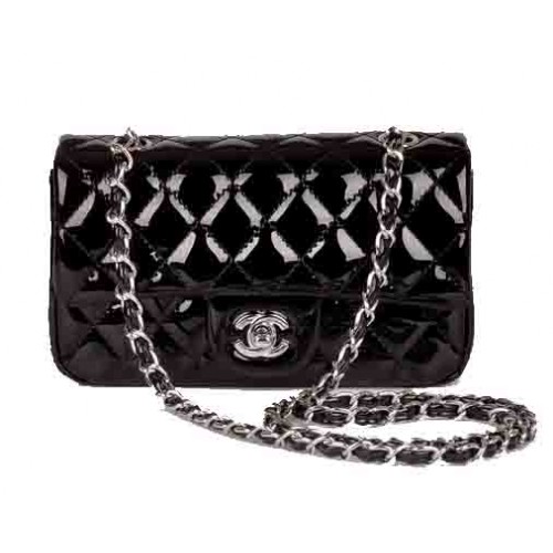 Chanel Mini Classic Flap Bag Schwarzes Lackleder 1117 Silber