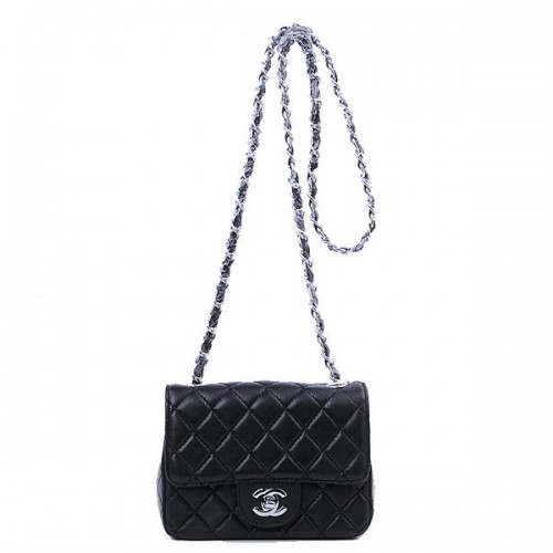 Chanel Mini Classic Flap Bag Schwarzes Schafsleder 1115 Silber