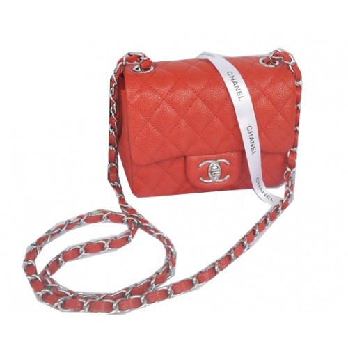 Chanel Mini Classic Flap Bag Red Cannage Muster 1115 Silber