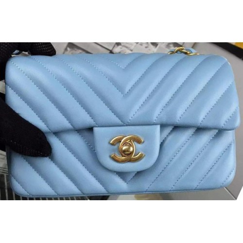 Chanel Mini Classic Flap Bag SkyBlue Original Schaffell Chevron Leder CHA5500 Gold