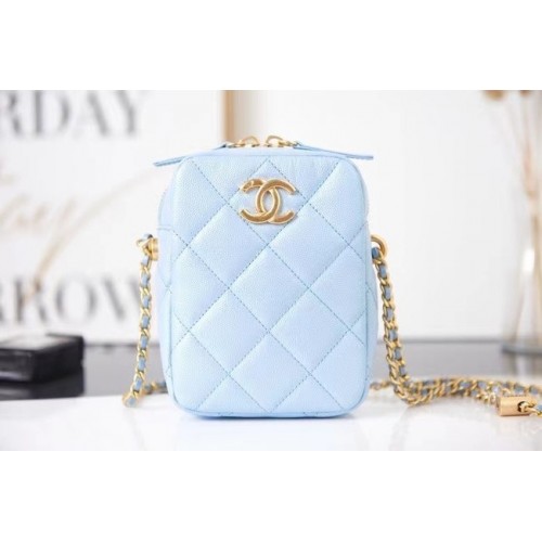 Chanel Mini Umhängetasche genarbtes Kalbsleder AS2857 hellblau