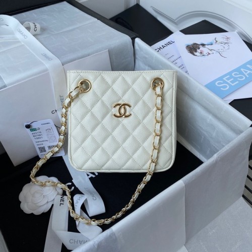 Chanel Mini-Schultertasche Genarbtes Kalbsleder & goldfarbenes Metall AS3176 weiß