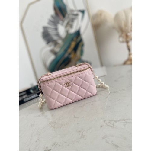 Chanel Mini Umhängetasche Lammleder Imitationsperlen Goldfarbenes Metall AS91192 pink