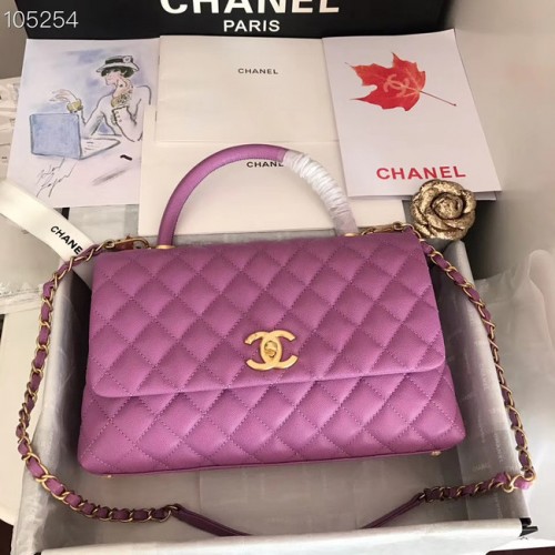 Chanel Original Kalbsleder-Überschlagtasche mit oberem Griff A92292 Purpur- und goldfarbenes Metall