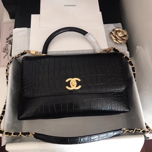 Chanel Original Kalbsleder-Überschlagtasche mit oberem Griff A92292, schwarzes und goldfarbenes Metall