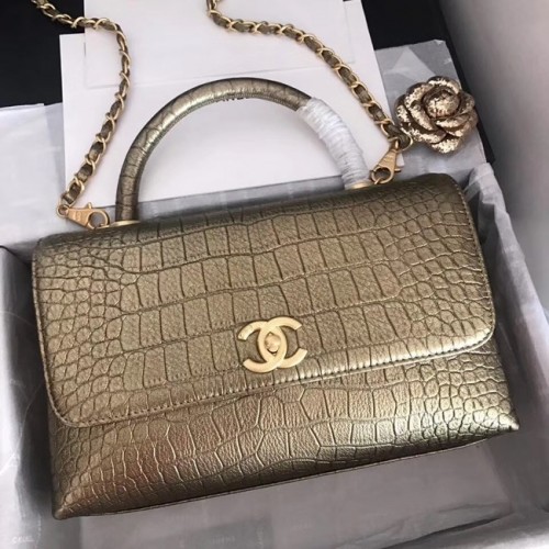 Chanel Original Kalbsleder-Überschlagtasche mit oberem Griff A92292 Bronze- und goldfarbenes Metall