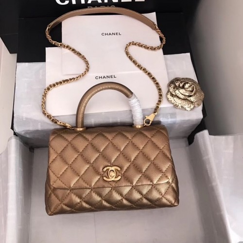 Chanel Original Kaviarleder-Überschlagtasche mit oberem Griff A92290 Bronze & goldfarbenes Metall