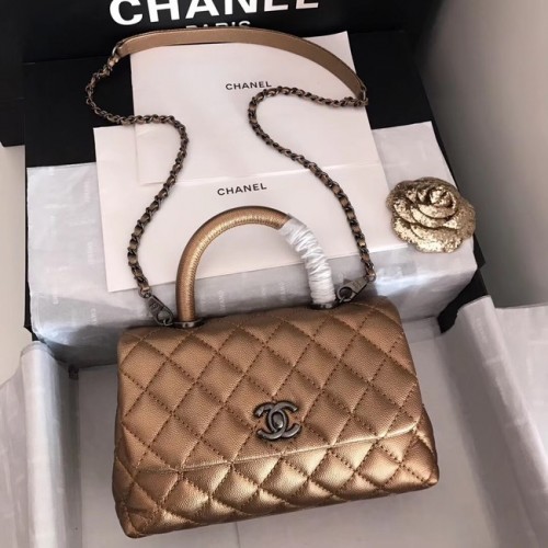 Chanel Original Kaviarleder-Überschlagtasche mit oberem Griff A92290 Bronze- und silberfarbenes Metall