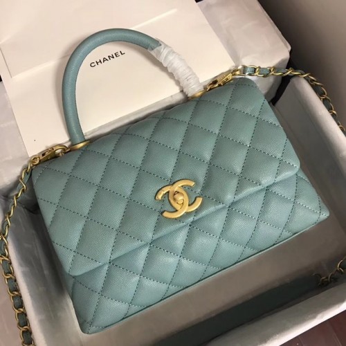 Chanel Original Kaviarleder-Überschlagtasche mit oberem Griff A92290, grünes und goldfarbenes Metall
