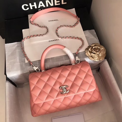 Chanel Original Kaviarleder-Überschlagtasche mit oberem Griff A92290, rosa-silberfarbenes Metall