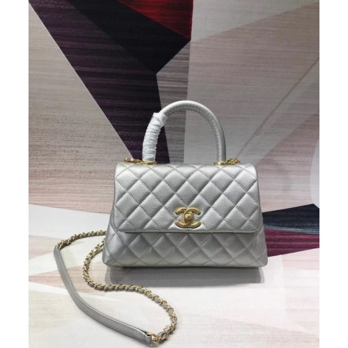 Chanel Original Kaviarleder-Überschlagtasche mit oberem Griff A92290 silberfarbenes und goldfarbenes Metall