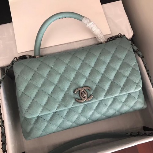 Chanel Original Caviar Leder Klappentasche Top Griff A92292 grün & silberfarbenes Metall