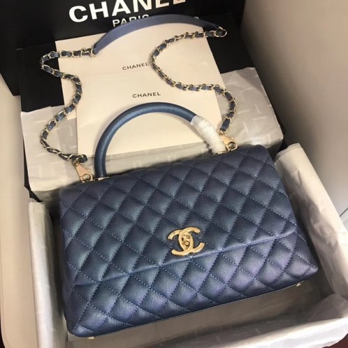 Chanel Original Caviar Leder Klappentasche Top Griff A92292 blau & goldfarbenes Metall