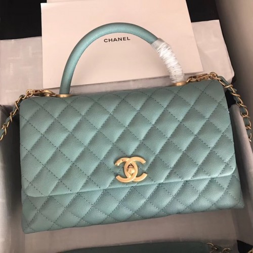 Chanel Original Caviar Leder Klappentasche Top Griff A92292 grün & goldfarbenes Metall