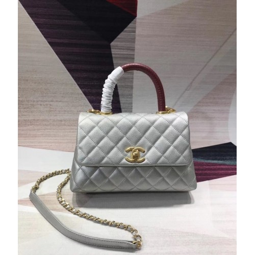 Chanel Original Kaviarleder-Überschlagtasche mit oberem Griff B92290 silberfarbenes und goldfarbenes Metall