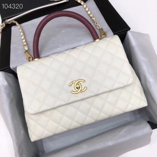 Chanel Original Kaviarleder-Überschlagtasche mit oberem Griff B92292 Weiß und goldfarbenes Metall