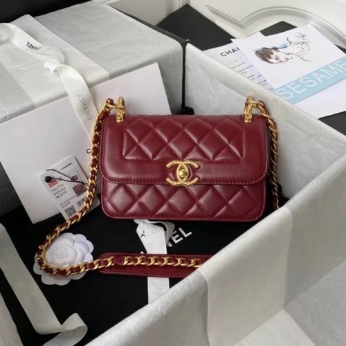 Chanel kleine Umhängetasche mit Klappe Original Leder AS2714 Wein