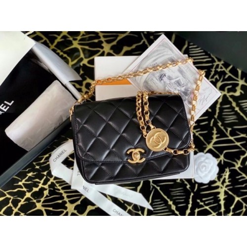 Chanel kleine Überschlagtasche Lammleder Goldfarbenes Metall AS2189 schwarz