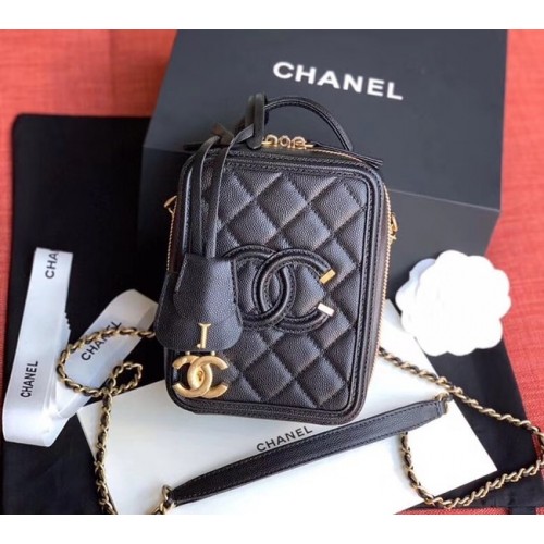 Chanel Kosmetikkoffer Genarbtes Kalbsleder Goldfarbenes Metall AS0988 schwarz