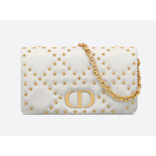 DIOR CARO MACROCANNAGE TASCHE Macrocannage-Kalbsleder mit Sternenmotiv S5135UNH Weiß&Gold