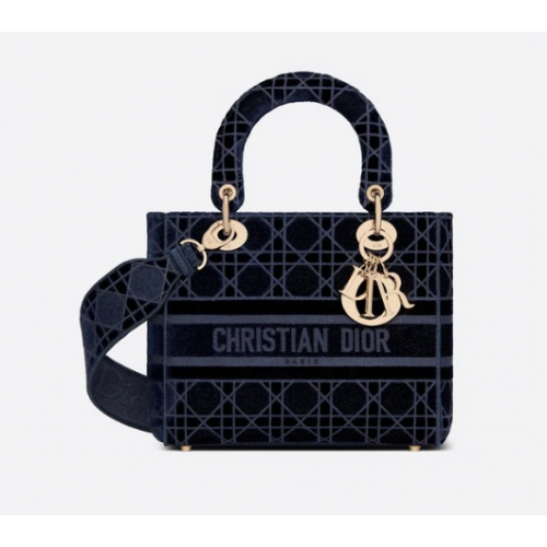 DIOR MEDIUM D-LITE LADY TASCHE Samt mit Cannage-Stickerei in Blau M0565