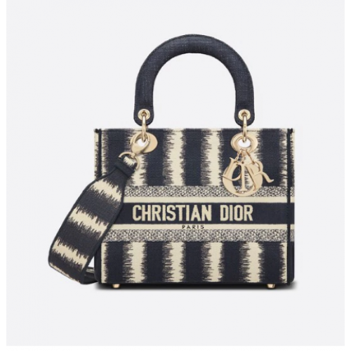 DIOR MEDIUM D-LITE LADY TASCHE Blaue D-Streifen-Stickerei M0565