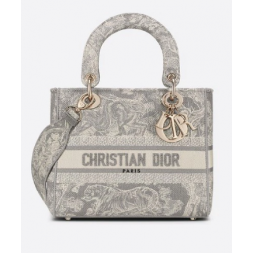 DIOR MEDIUM D-LITE LADY TASCHE Graue rückseitige Stickerei mit Toile de Jouy M0565OR