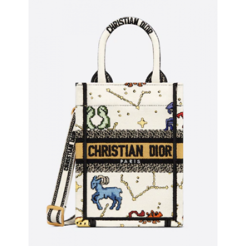 DIOR MINI DIOR BOOK TOTE TELEFONTASCHE Latte Multicolor Dior Pixel Zodiac Embroidery S5555CR